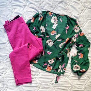 EXPRESS Floral Surplice Front Kimono Sleeve Top